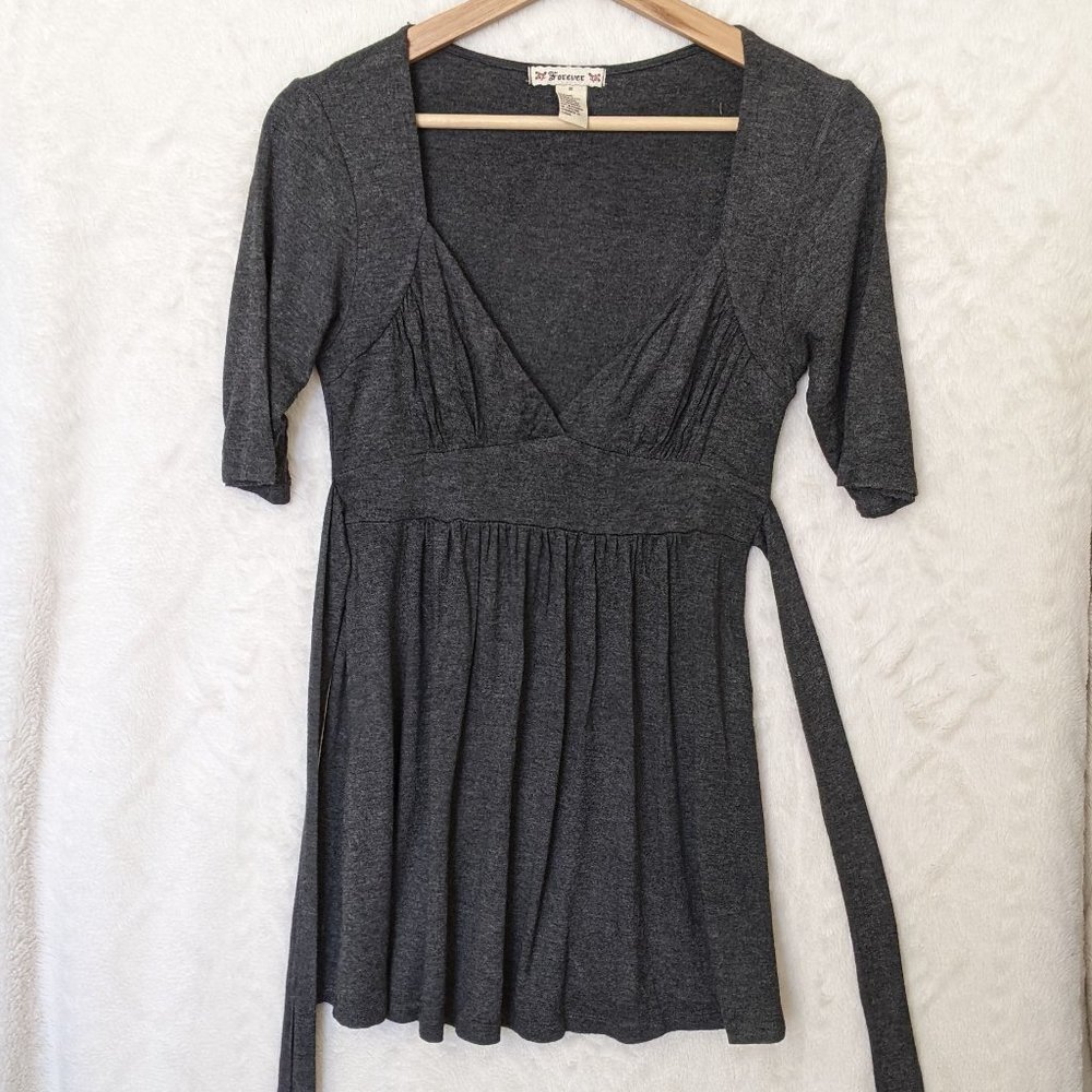 Grey Long Tunic Top with Tie Waist & Gathered Bodice